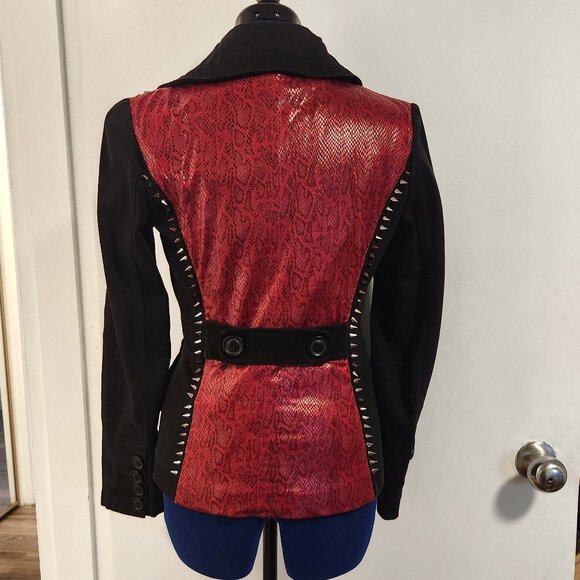 Upcycled black denim jacket with studs and spikes and red snakeskin design, size - Picture 1 of 3